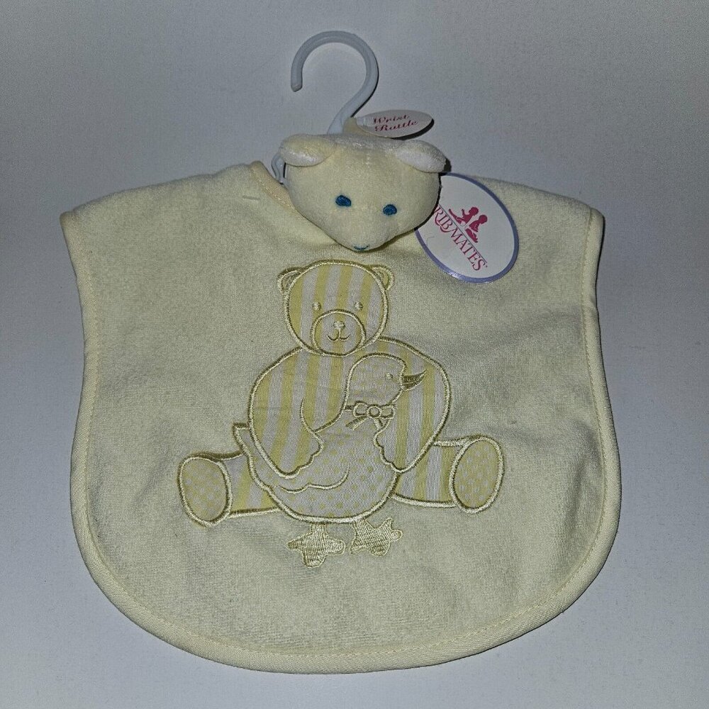 NOS Cribmates Yellow Bib Wrist Rattle Baby Gift Lot Teddy Bear Duck VTG